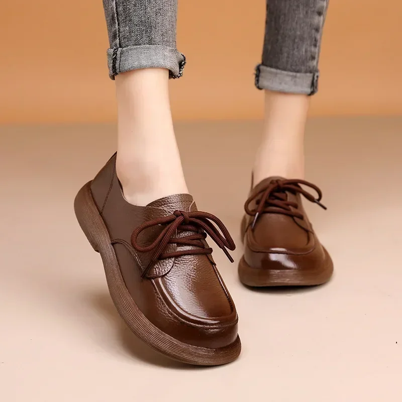 

Новая весенняя женская обувь из натуральной кожи, модные лоферы в стиле ретро, удобная британская нескользящая повседневная обувь на шнуровке с мягкой подошвой, 2025 г.