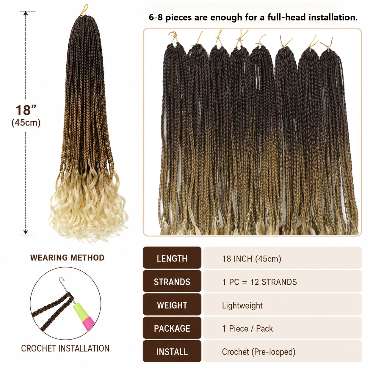 18 Zoll Französische Locken Box Braids Häkelhaar Synthetische Flechthaarverlängerungen mit gelockten Enden Boho-Schutzstil Vorgefertigt Schwarz für Frauen – Detail 2
