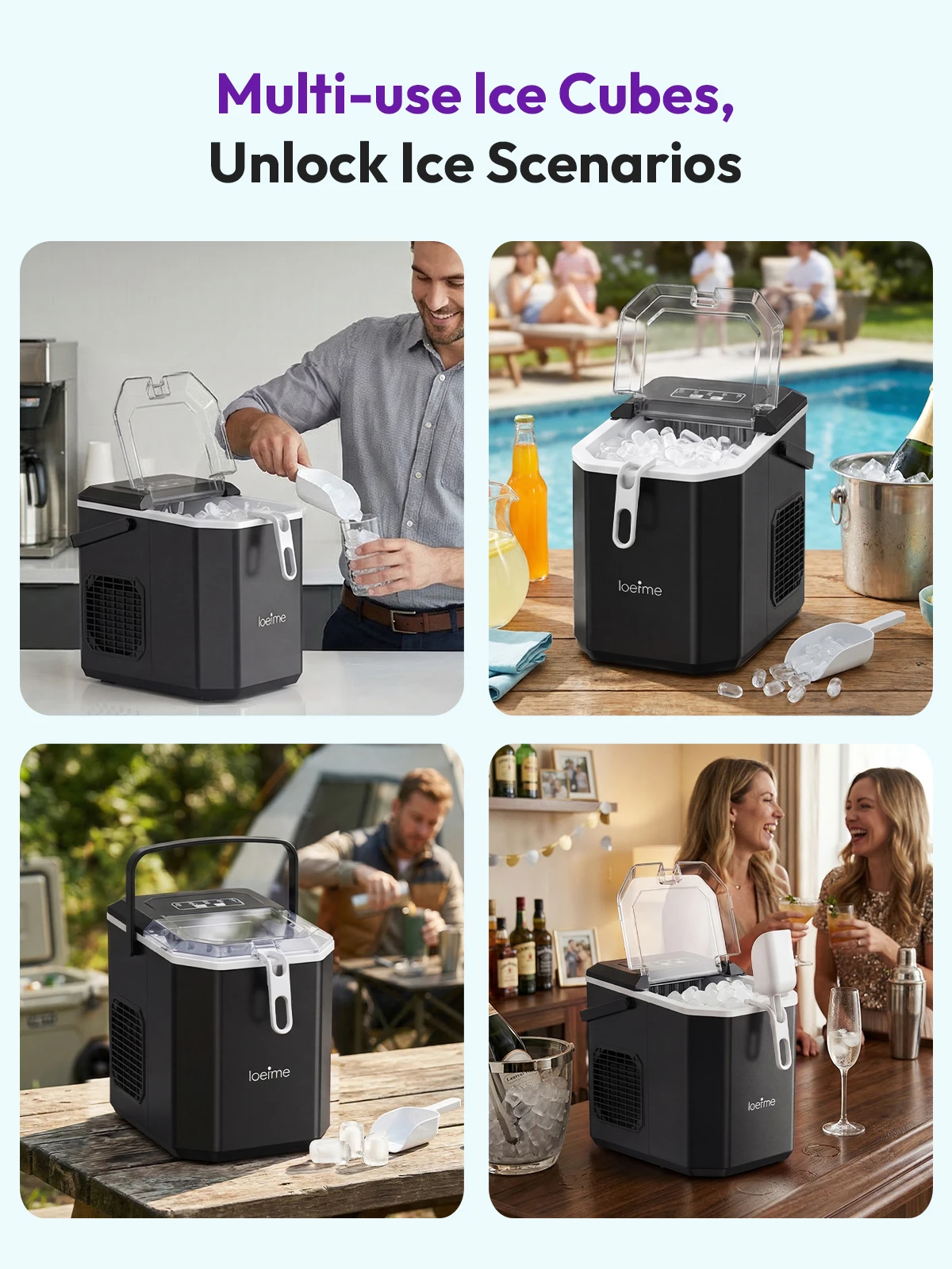 LOEFME 1,2 l tragbare Eismaschine, 12 kg/Tag, 9 Eiswürfel, selbstreinigende Eismaschine mit Eiskorb für Zuhause, Küche, Party, Camping