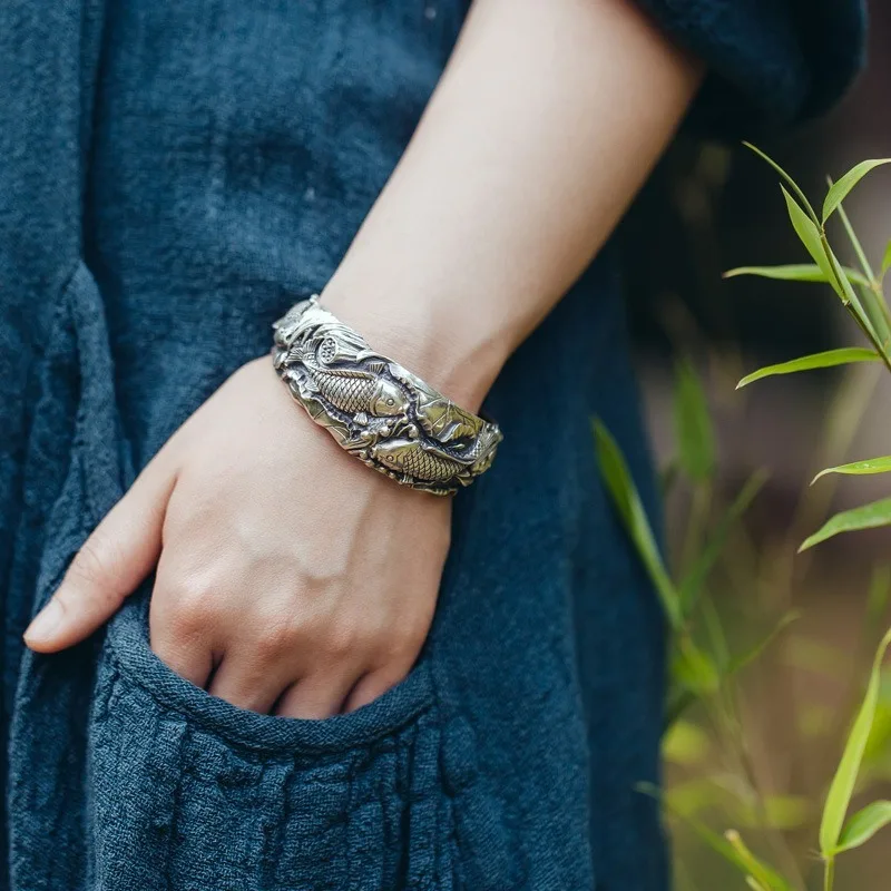 Fashion Luxury Sterling Silver Double Fish Bracelet, Vintage Open Cuff, New Design Lucky Fish Jewelry