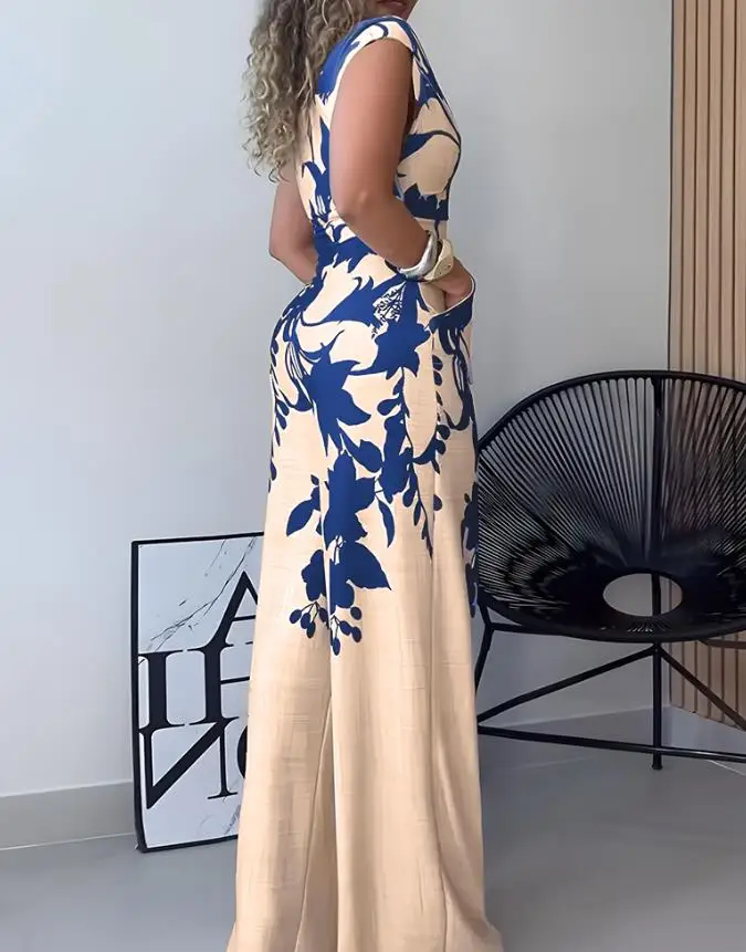 

Women's Floral Print Plunge Casual Jumpsuit with Pocket Female One Shoulder Wear Summer New Woman Fashion Daily Long Jumpsuits