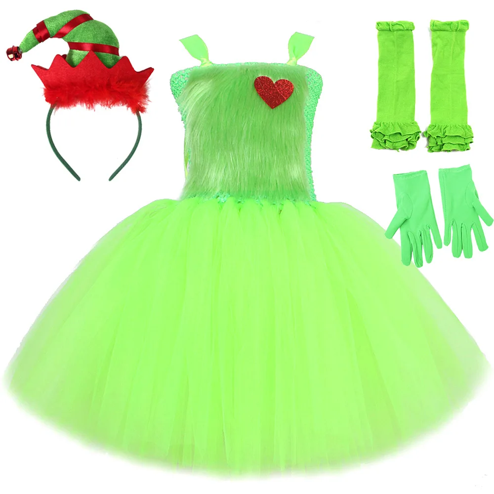 

Santa Claus Costume Girls Christmas Tutu Dress Kids Green Fur Monster Costumes for Girls Halloween Carnival Party Dresses