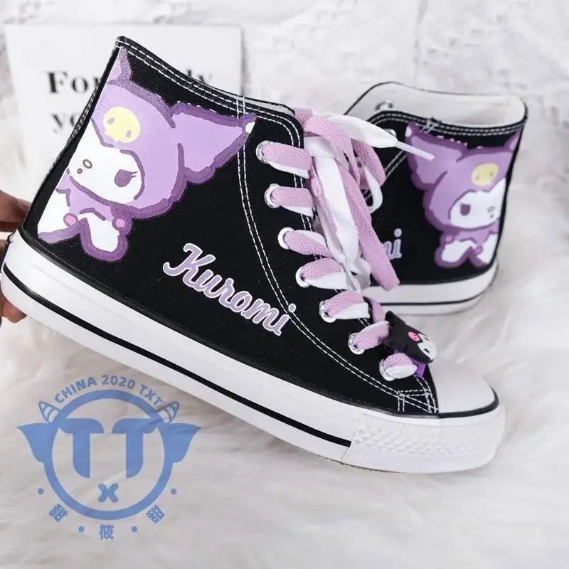 

Japan Kuromi Print Canvas Shoes 2024 New Harajuku Style Female Student Canvas Shoes Sanrio Cartoon Casual Flat Vulcanized Shoes