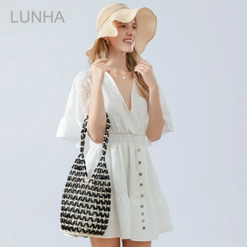 

Women Woven Hand Bag Hollow-out Wooden Bead Tote Bucket Shoulder Bag Female Summer Beach Handbag