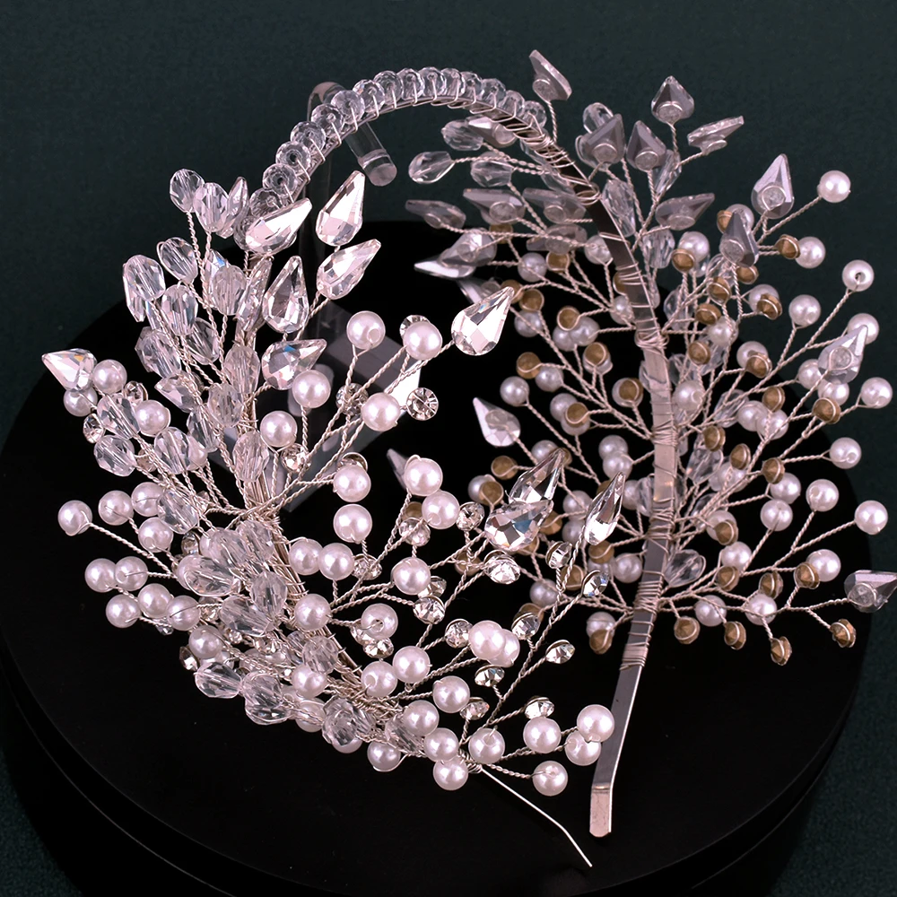 Headband artesanal de cristal pérola para mulheres, tiara prateada e cocar, concurso de noiva, jóias para cabelo, casamento elegante, DZ163