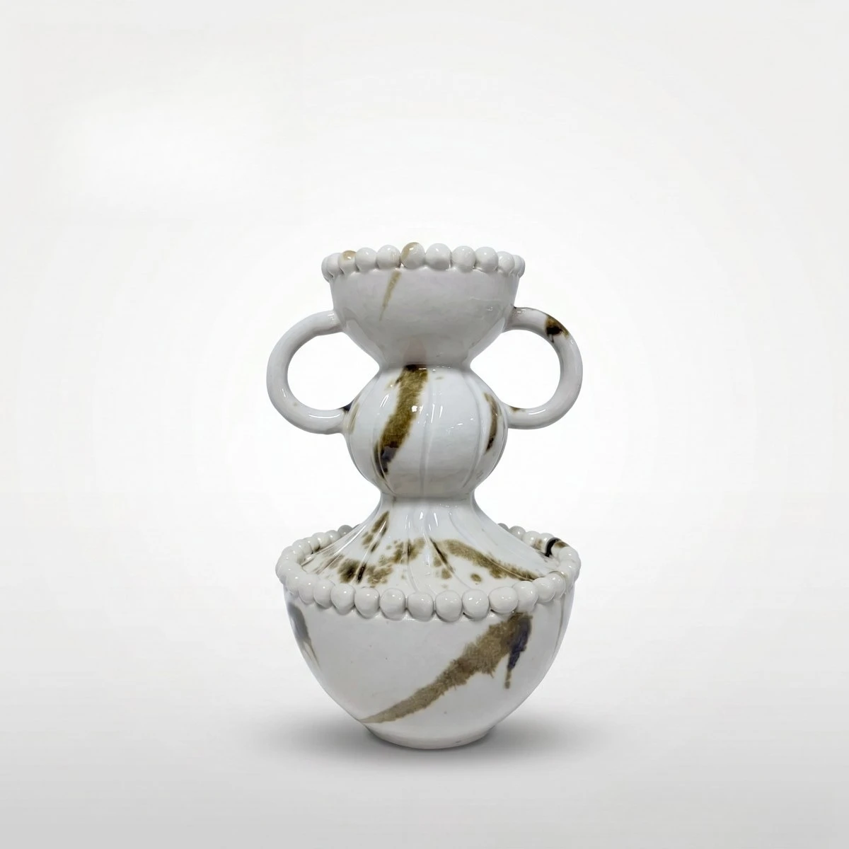 White glaze ink splashing binaural double ball ceramic vase, wabi sandy soft