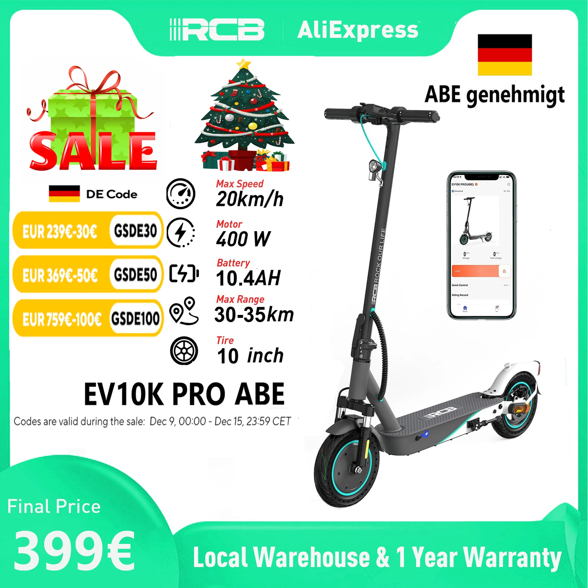 RCB Electric Scooter, E-scooter with Road Approval (ABE), 10 inch，400W Motor, 30-35Km Range, Foldable E-scooter, APP Control