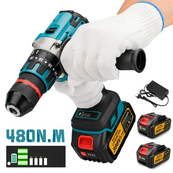 Bürstenloser elektrischer Schlagbohrschrauber, Eisbrechendes Angeln, Akkuschrauber, wiederaufladbarer Akku, Handbohrmaschine, Elektrowerkzeuge, 13 mm, 480 nm