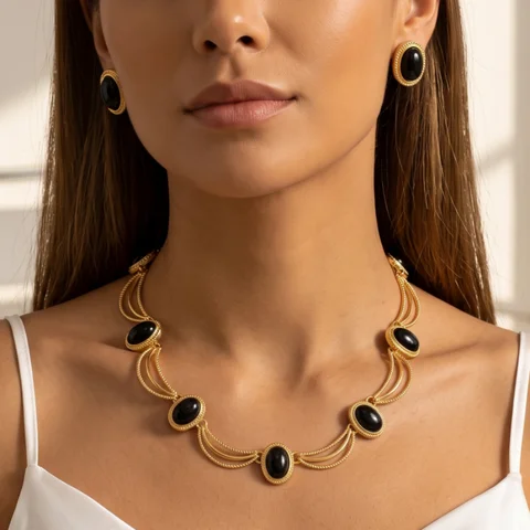 Luxury Retro Curved Link Black/White/Blue Resin Stone Jewelry Set For Women Gala & Anniversary Wear