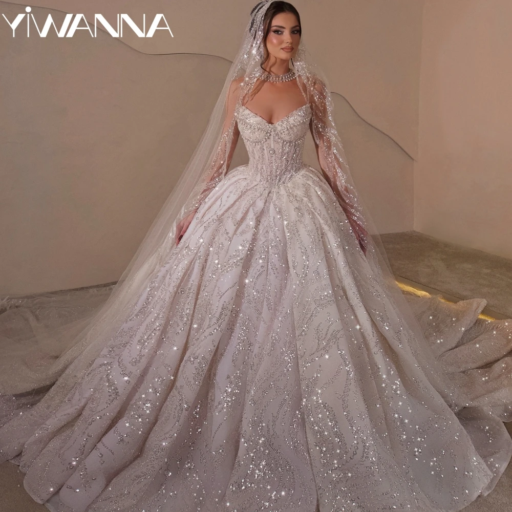 

Glimmering Luxury Beaded Princess Long Wedding Dress Dreamy Sweetheart Neck Bridal Gown Customized Elegant Dresses For Bride