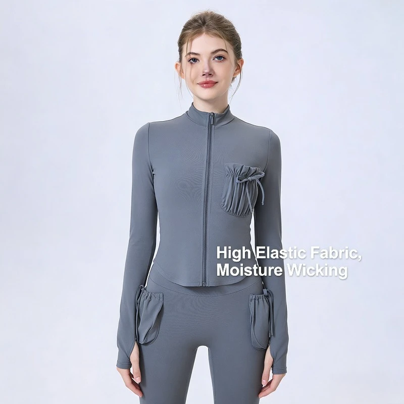 

2026 Running Training Yoga Fitness Long Sleeve Sportswear for Women with Pockets Slim Fit Warm Slimming Jacket