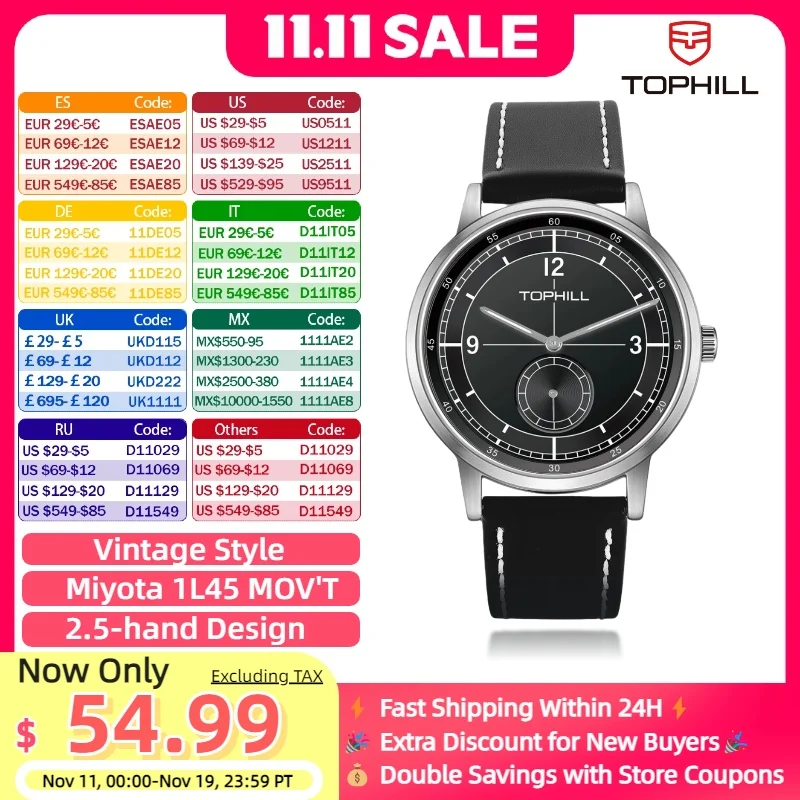 

TOPHILL Кварцевые часы Винтажные часы Классические мужские часы Часы с сапфировым стеклом для мужчин Кварцевые наручные часы с кожаным ремешком 40 мм