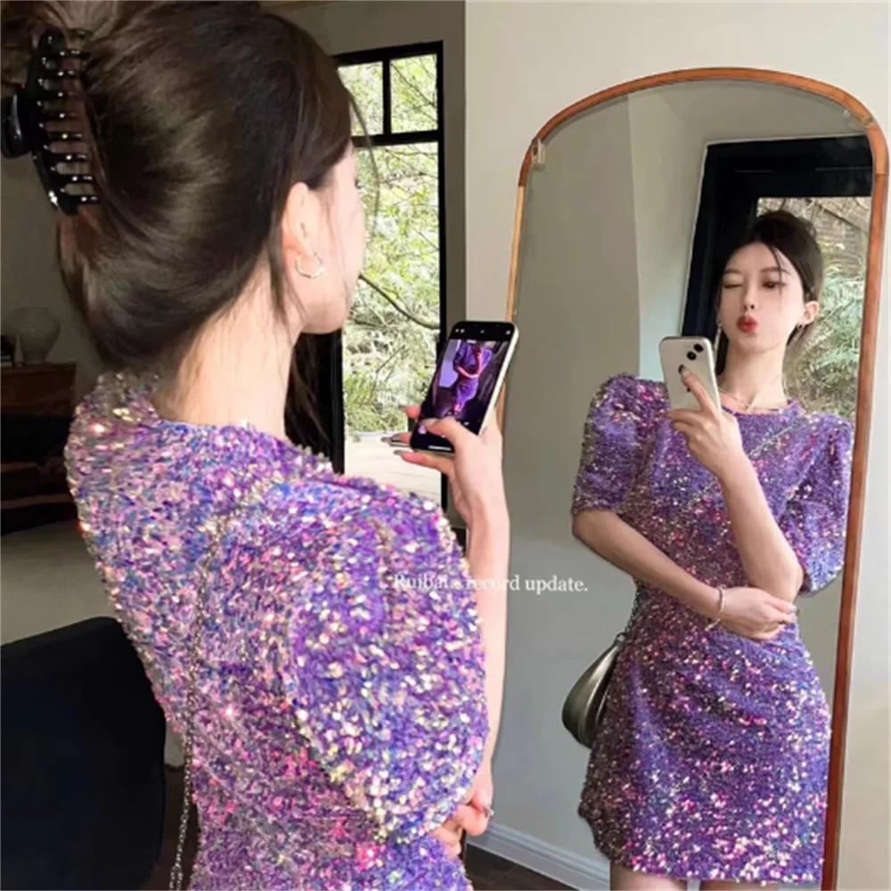 

luxury style dress women sequins sparkle short-sleeved beautiful party dress