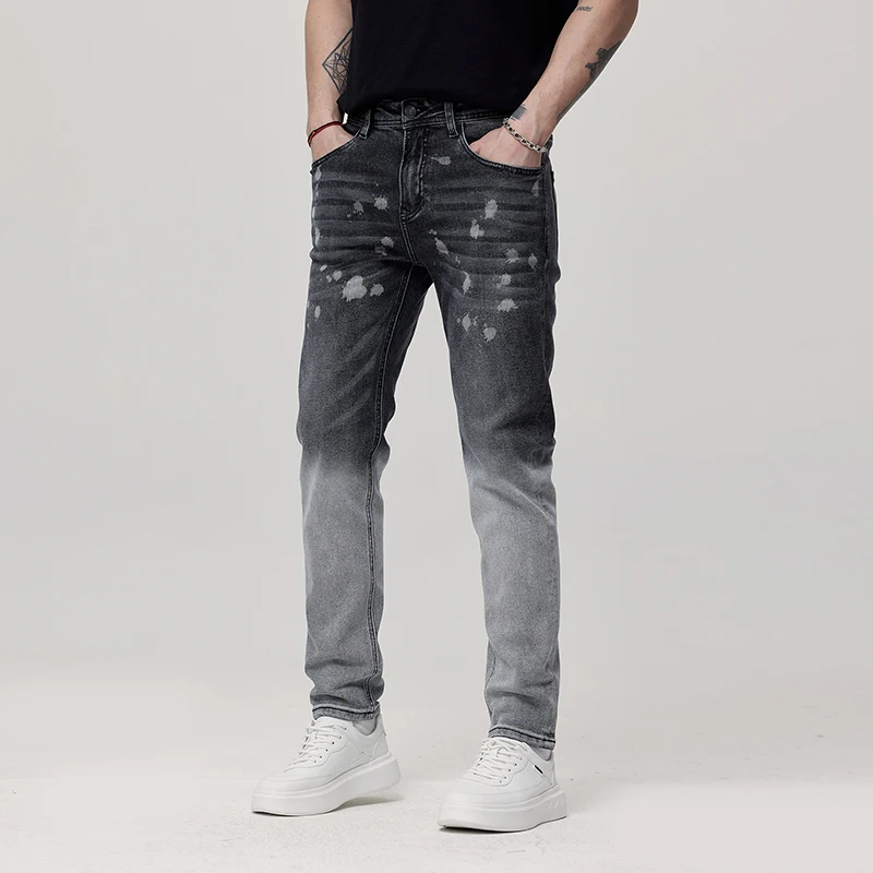 Handsome Jeans Men's Gradient Color Splash Ink Paint Design Personalized Washed Fashion High-End Slim Fit Long Skinny Pants