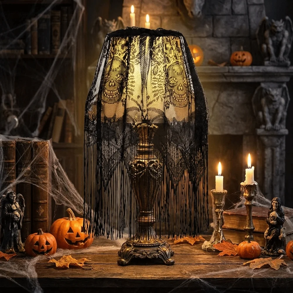 Gothic Style Lace Bat Skeleton Head Lampshade Scary Black Halloween Lampshade Decorative Halloween Table Cover
