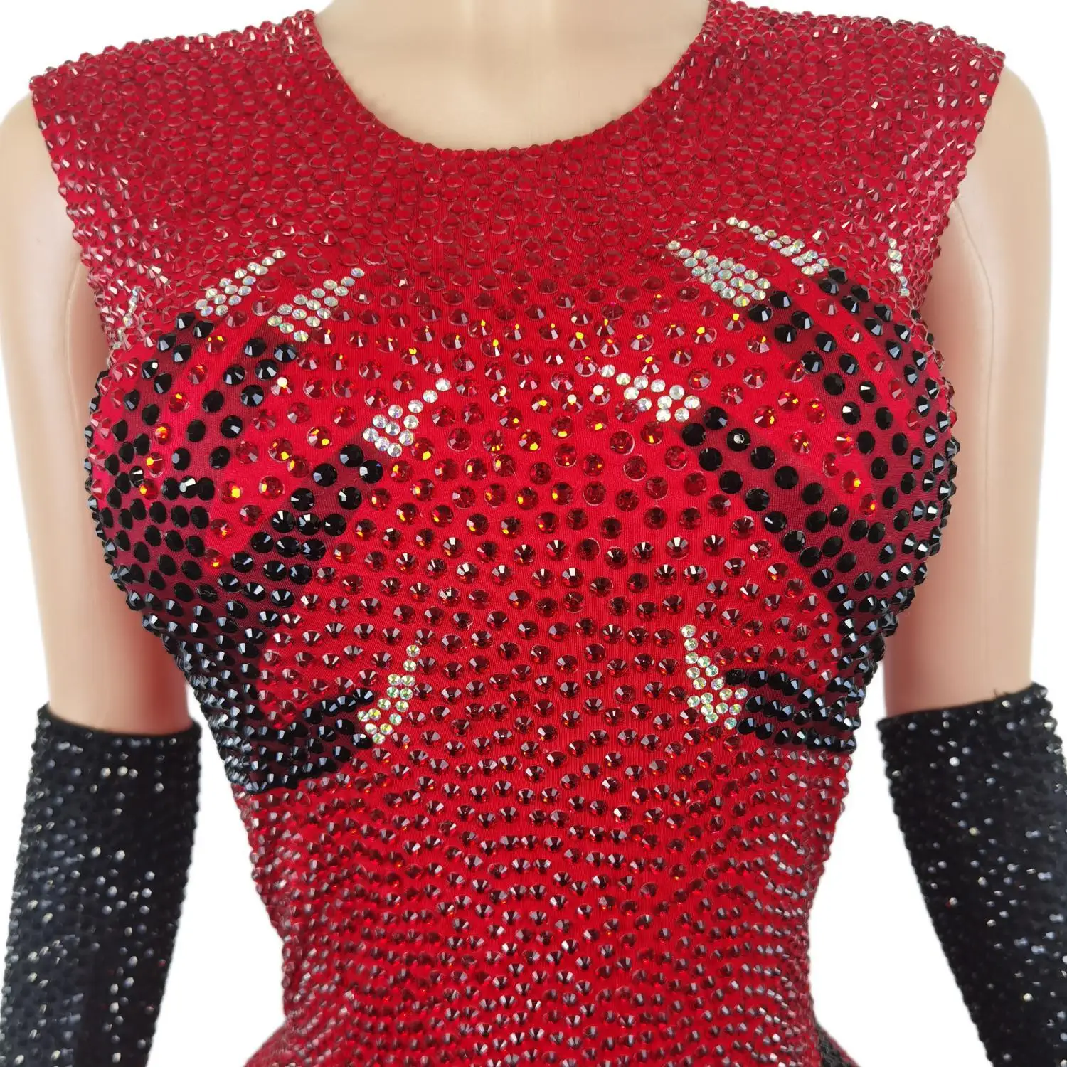 Sparkly Red Rhinestone Jumpsuit Black Hand Gloves Women Celebrate Tights Performance Costume Singer Show Stage Wear 2024 Heishou