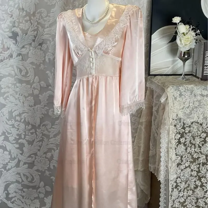 

2025 Long Bathrobe Sexy Lace Patchwork Spaghetti Strap Set Home Dressing Gown 2Pcs Pajamas Lingerie Autumn Princess Style Dress