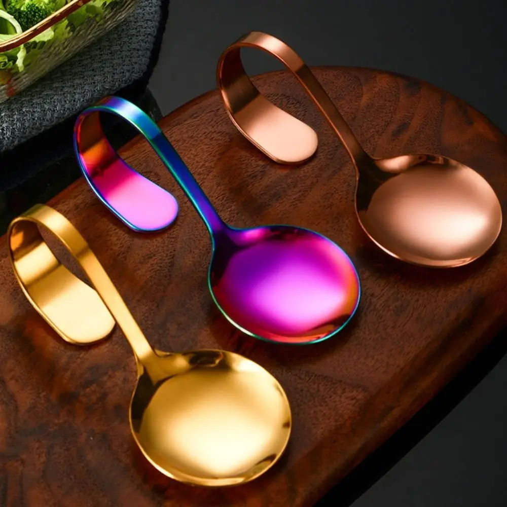 Stainless Steel Curved Handle Spoon Comfortable Grip Rustproof Serving Spoons Safe Portable Dessert Spoons Sauce