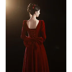 Burgundy Evening Dress 2023 Luxury Velvet Long Sleeve Elegant Square Neck Lace up Backless Bowknot Women's Engagement Vestidos