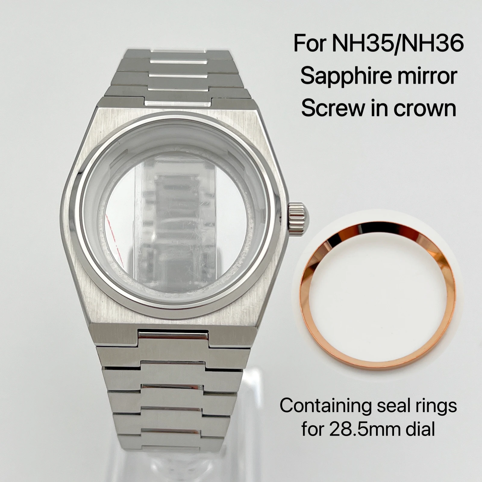 New NH35 case, watch accessories, silver case+strap, sapphire mirror, dial diameter 31.8mm image 6