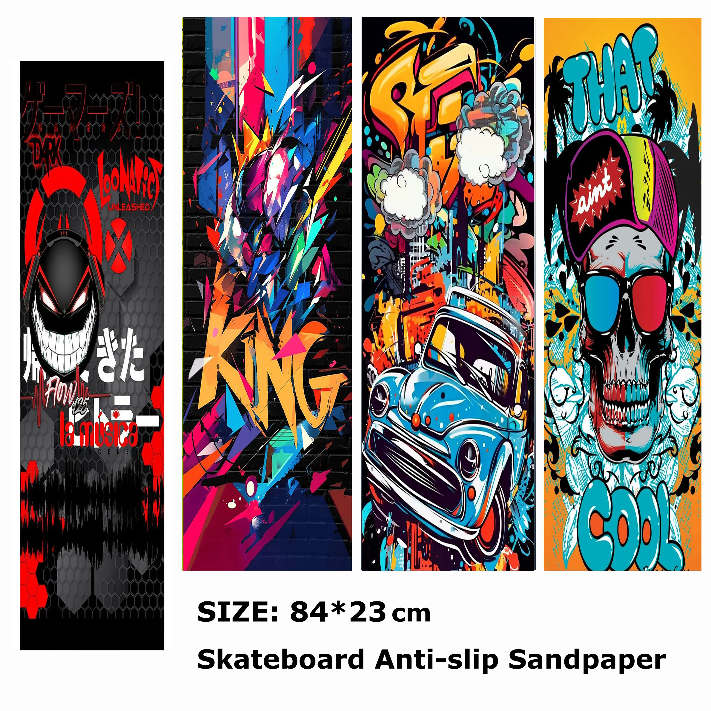 

Blue Cartoon Graffiti Car Skull Pattern Electric Scooter Anti-slip Sticker Sandpaper Skateboard Grip Tape Sheet 84*23cm