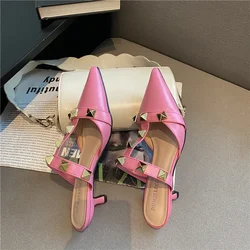 2024 New Rivet Pointed Thin Heel Baotou Half Slipper Female Middle Heel Shallow Mouth Lazy Mueller Shoes