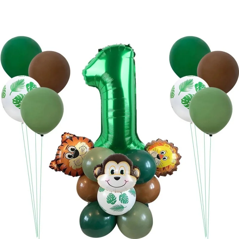 26Pcs Set Forest Animal Aluminum Foil Birthday Decoration Scene Arrangement 32Inch Green Digits Latex Balloon Set