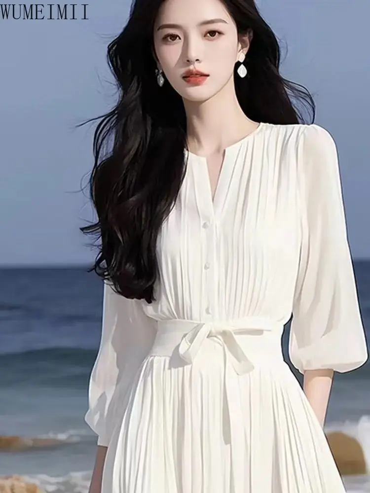 Spring and Summer French Celebrity  Generous Decent Gentle Wind White Chiffon Simple Dress