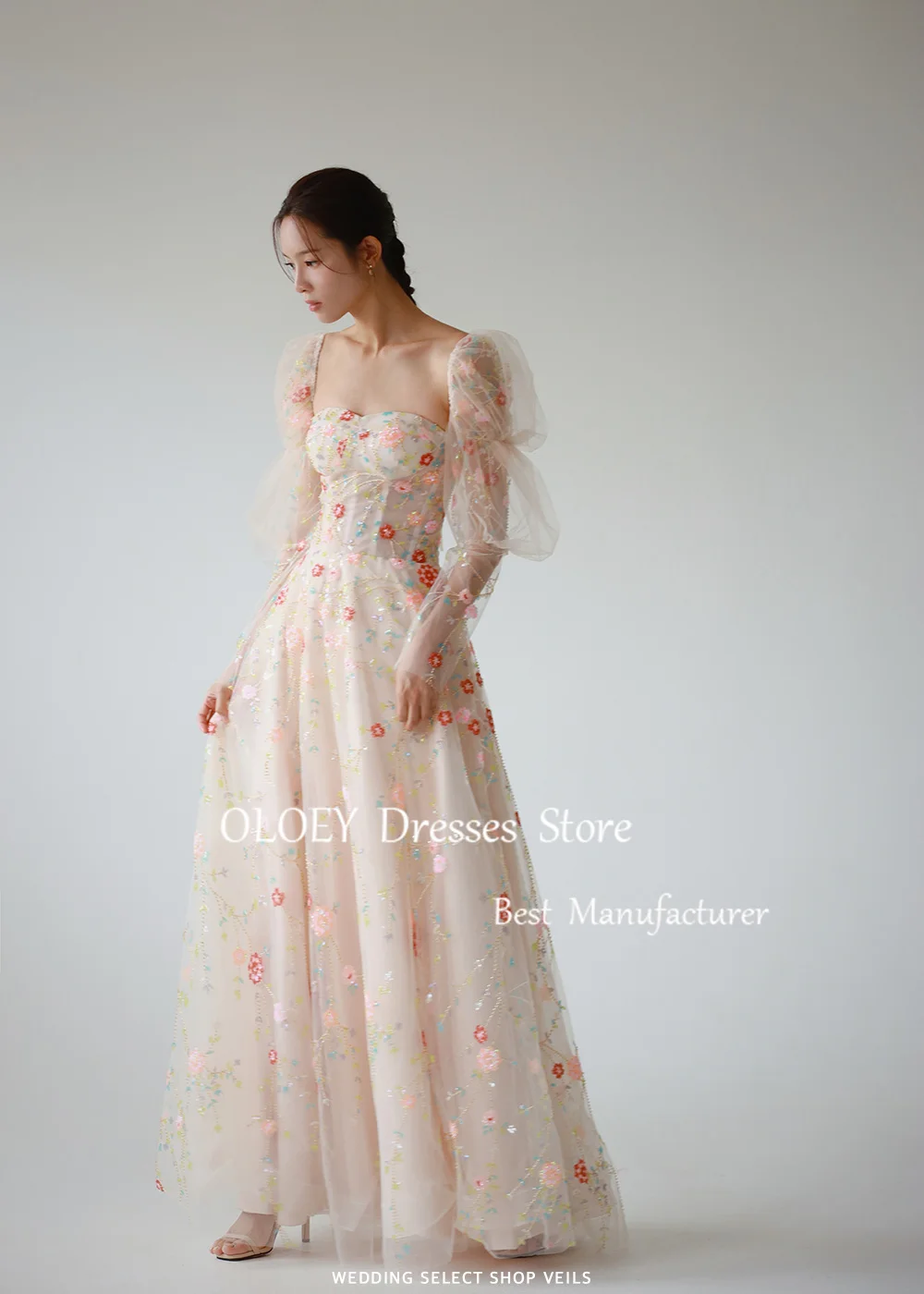 OLOEY-Robe de Rhde luxe avec manches amovibles, tulle doux, perles florales, ligne A, robe de soirée chérie, séance photo de mariage coréen, poignées