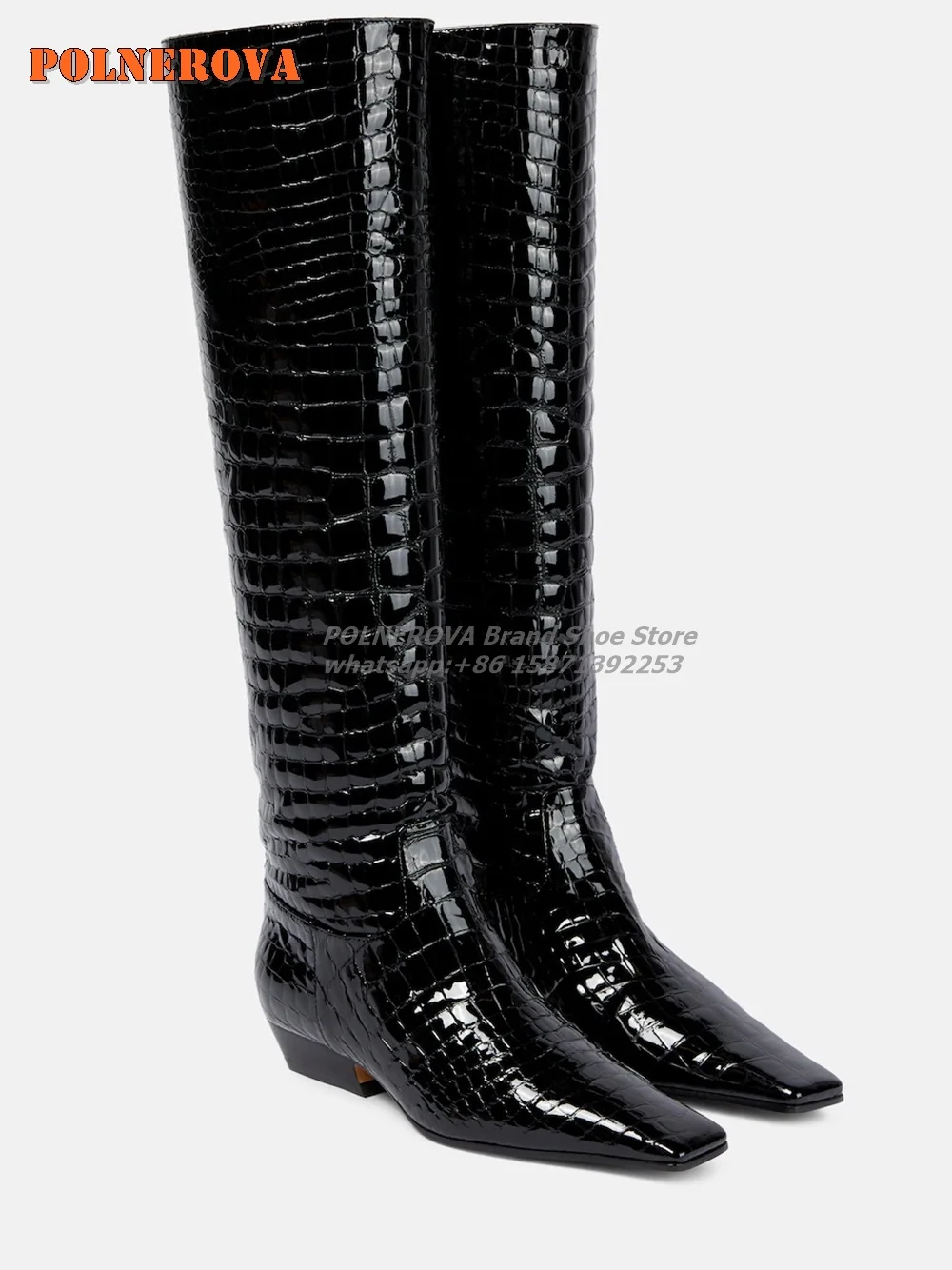 Botas hasta la rodilla de charol con efecto Croc, tacones de bloque con punta cuadrada, Sexy, hechas a mano, elegantes y modernas, estilo callejero, 2024