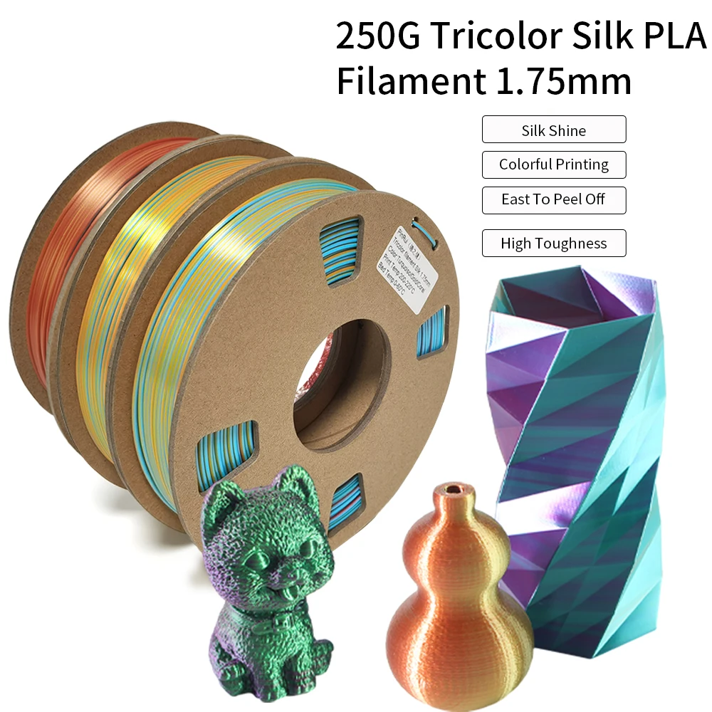 FYSETC High Quality Not Stringy Tricolor Silk PLA Filament 1.75mm 250G/Roll PLA 3D Printer Beautiful Color Rainbow Filament