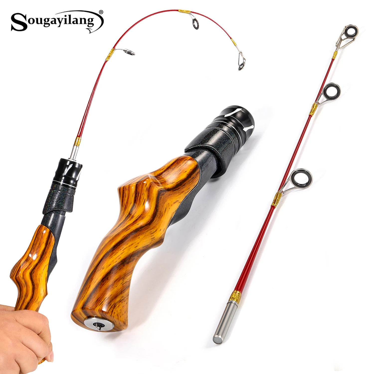 Sougayilang 50cm Ice Fishing Rod Metal Interface Wood Grain Grip Anti drop Rope Design Lightweight Winter fishing rod Pesca