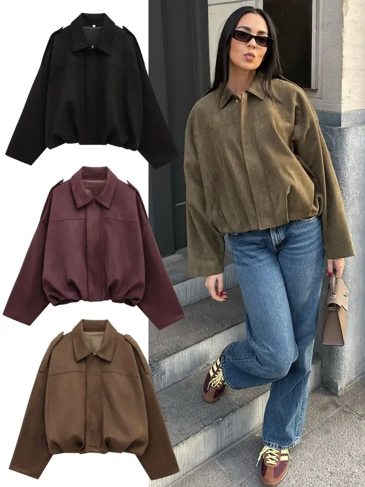 HH Vintage Women's Suede Texture Bomber Jacket Female Lapel Zipper Long Sleeve Casual Coat Soild Spring Street Outerwears