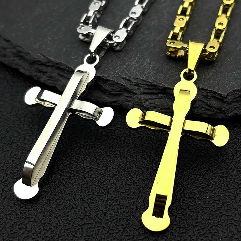 

Hip Hop Christian Jesus Cross Pendant Necklace for Women Men Stainless Steel Gold Color Prayer Baptism Byzantine Chain Jewelry