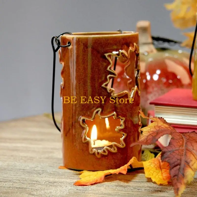 E28F Thanksgiving Lantern Maple Leaf Hollow Desktop Light Hanging Candlestick Lamp Candle Holder Decoration Ornament Home