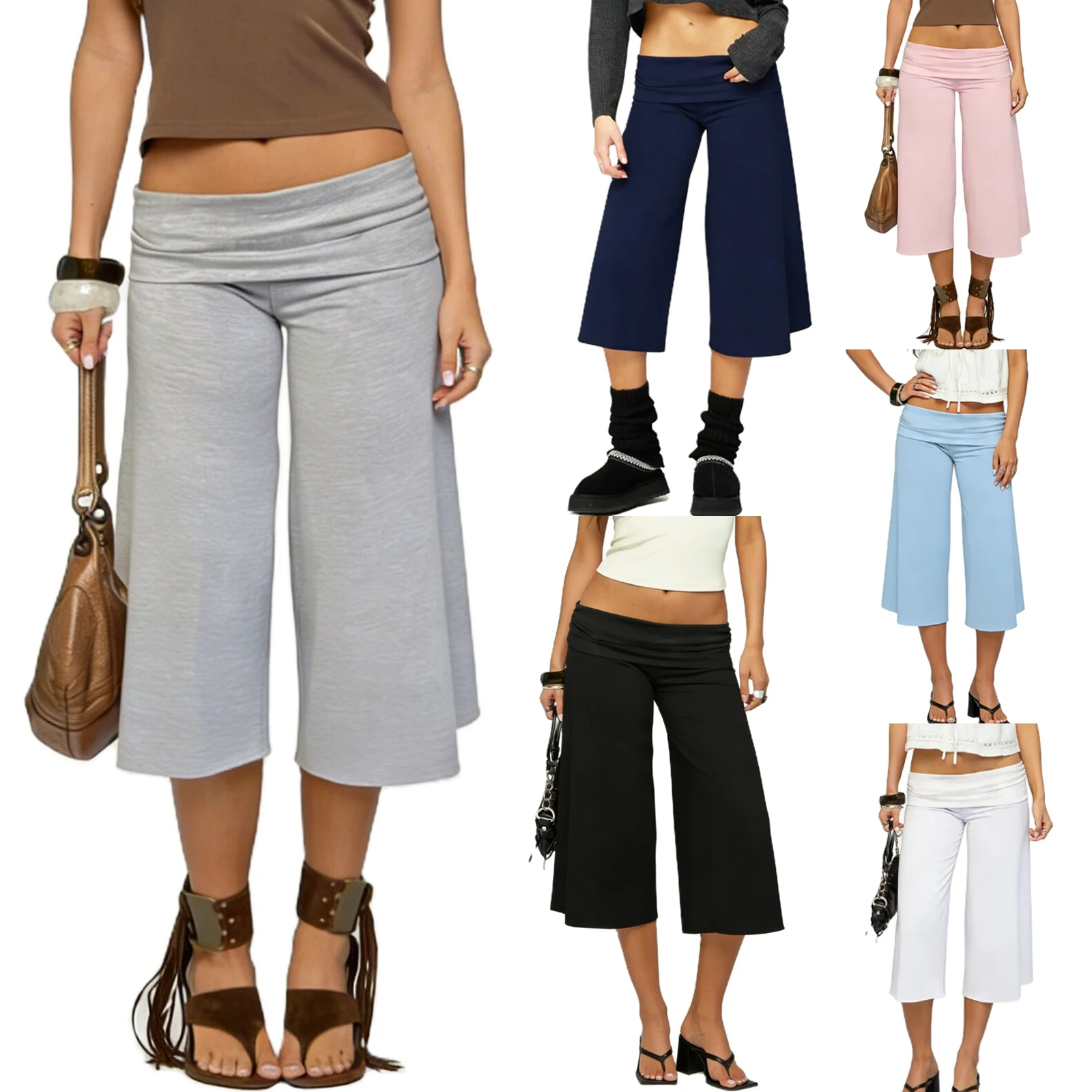 

Women Gaucho Pants Fold Over Culottes Wide Leg Capri Comfy Palazzo Yoga Loungewear Cropped Pants Going Out Streetwear