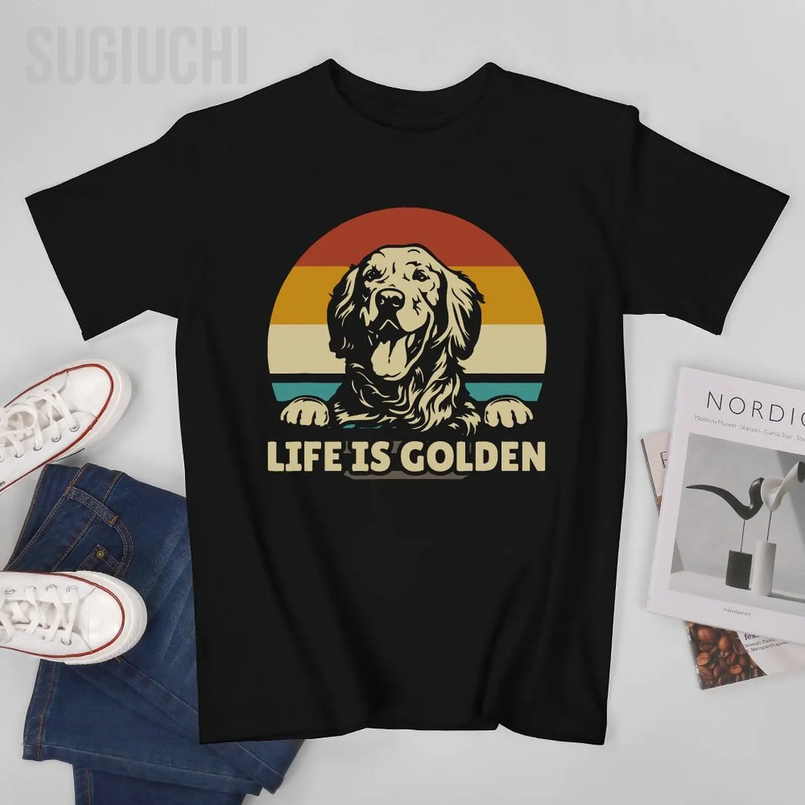 

Unisex Men Golden Retriever Dog Life Is Golden Retro Vintage Tshirt Tees T Shirts Women Boys 100% Cotton T-Shirt