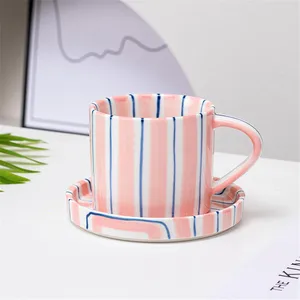 Minimalistische handgestaltete Tasse und Gerichte, Milchkeramik und Tasse Kaffee, Nachmittagstee, gestreift, 280 ml, 9,5 Unzen 10 Hauptverkäufe von Xicaras und Pires - №3