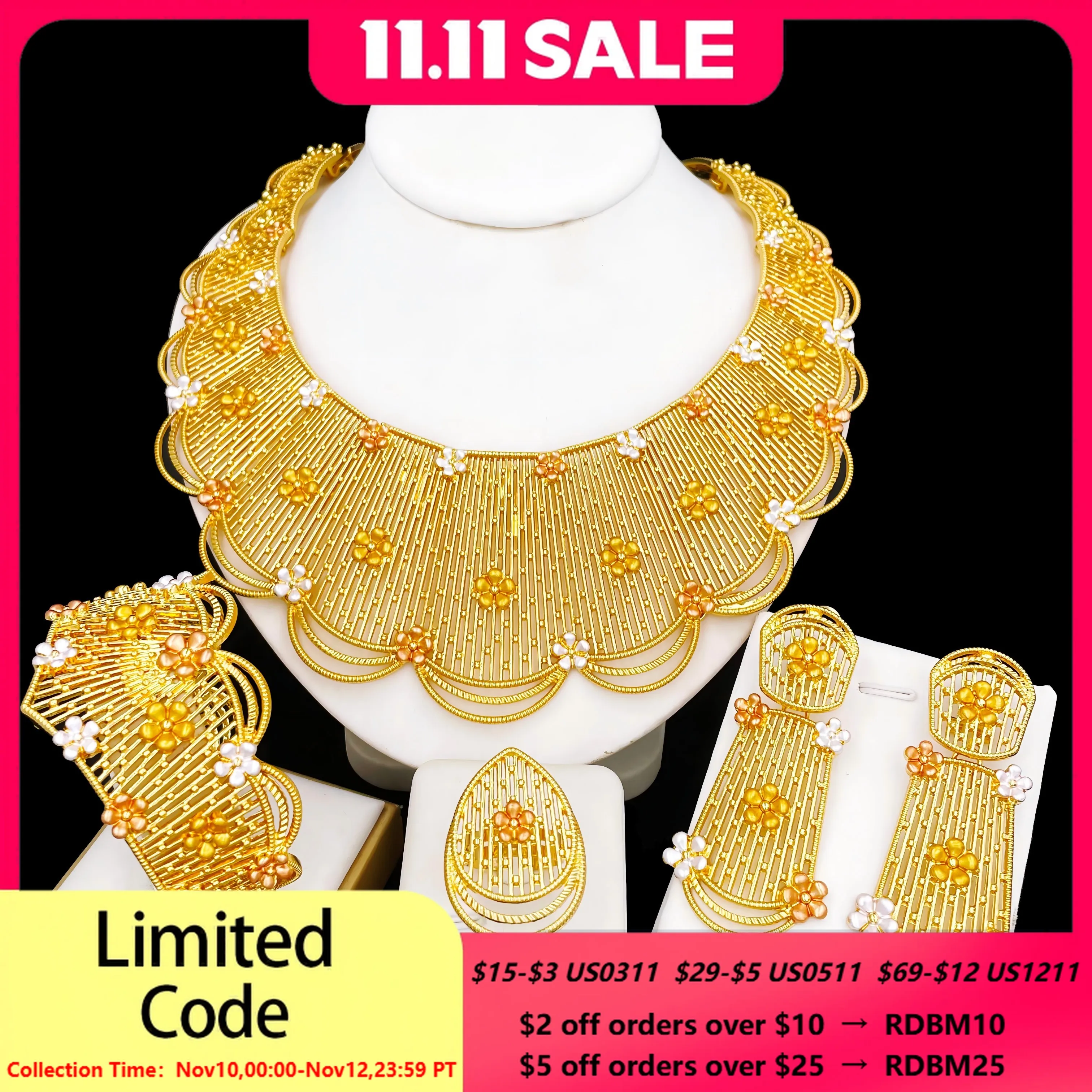 

Африканский комплект ювелирных изделий, роскошный подарок для свадебной вечеринки, Нигерия, Африканский ювелирный стиль в этническом стиле, ожерелье, серьги, браслет, кольцо