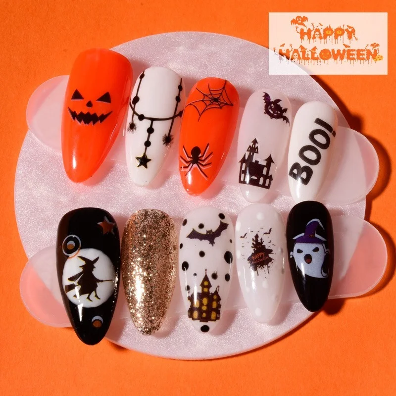 New 1 Sheet Halloween Pumpkin Nails Black Ghost Stickers Nail Art Decals Spider Cool Spooky Slider Wraps Nail Decor Manicure