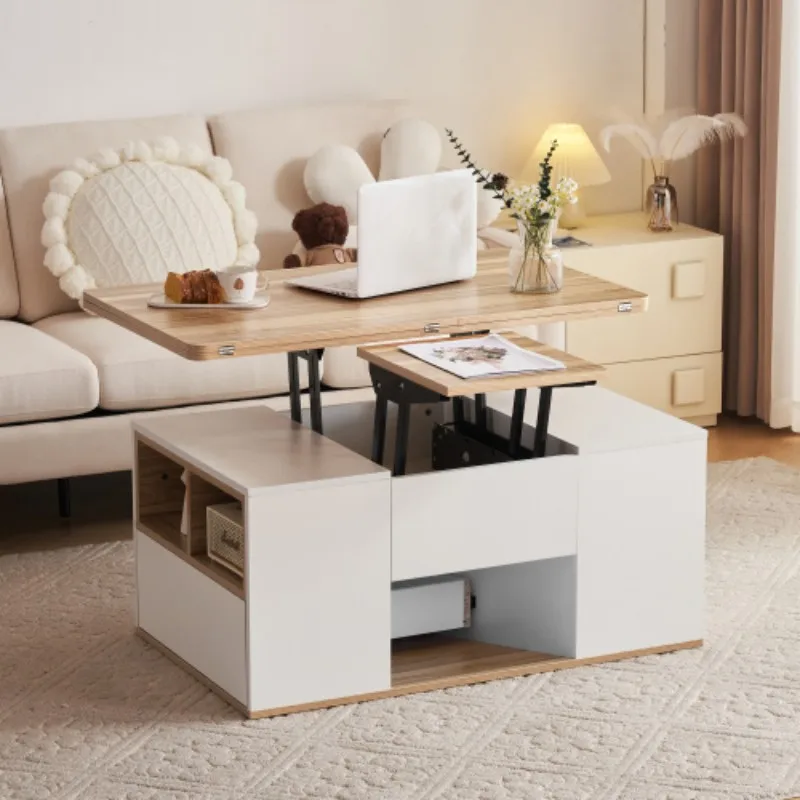 White & Oak Coffee Table With Storage,Coffee Table With 2 Drawers Lift-Top Sofa End Tea Tables for Living Room Furniture  ﻿