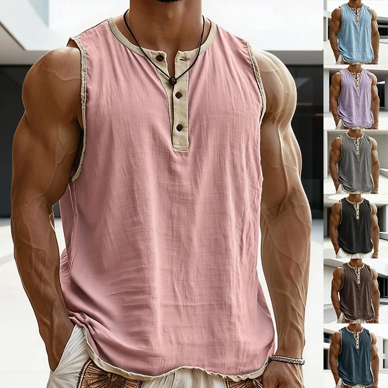 Henley Collar Sleeveless Vest Contrasting Color Piping Sporty Fitness Waistcoat Top Man Fashionable Loose Casual Comfortable