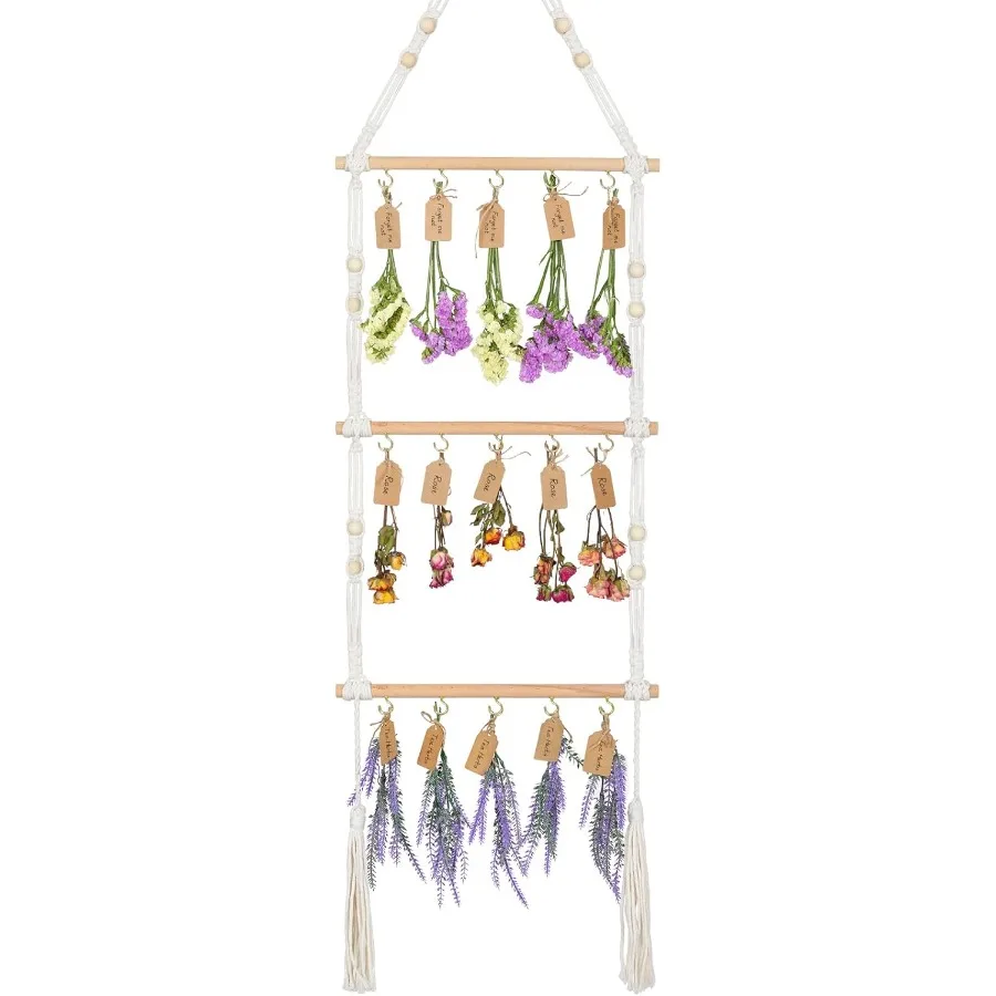 

3Tier Hanging Herb Drying Rack Includes 30 Brown Gift Tags 32ft Natural Jute Twine Handwoven Boho Style Plant Hanger for Drying