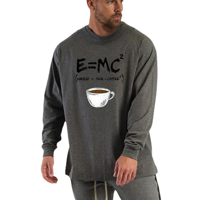 الخريف والشتاء طباعة فضفاضة تي شيرت رجالي الرياضة عادية المتضخم القطن تنفس الصالة الرياضية اللياقة البدنية رمادي ملابس خارجية المحملة القمم