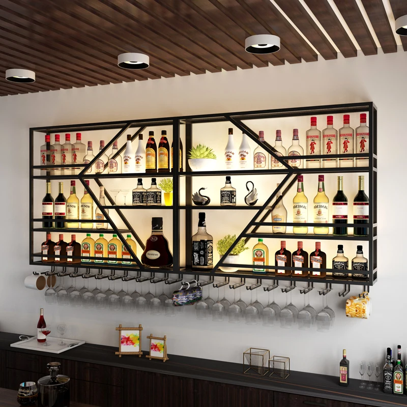 

wall-mounted wine rack bar counter background wrought iron wine glass rack hanging cabinet display cabinet
