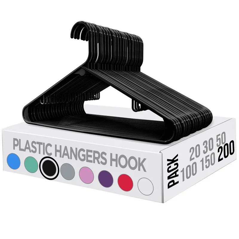 

200Pack Black Plastic Hangers with Hooks Slim Space Saving Clothes Hangers for Shirts Blouses Coats Durable Closet Organizers