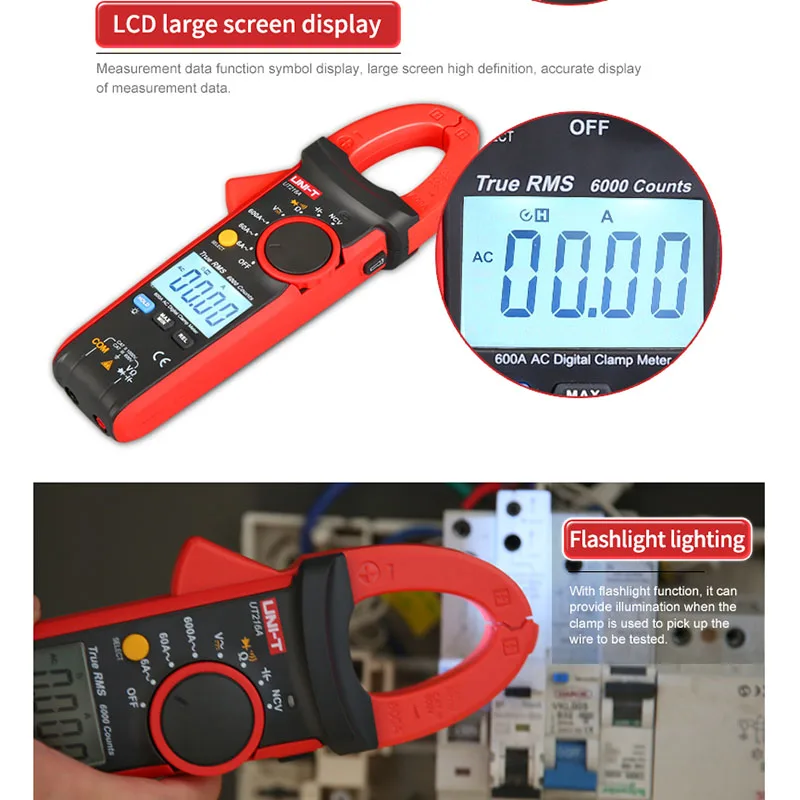 UNI-T UT216C 600A Digital Clamp Meters AC DC Current Auto Range Multimeters NCV V.F.C Diode LCD Flashlight Temperature Tester