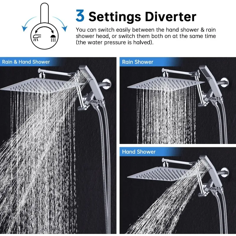 All Metal 10 Inch Rainfall Shower Head with Handheld Spray Combo| 3 Settings Diverter|Adjustable Extension Arm Lock Joints