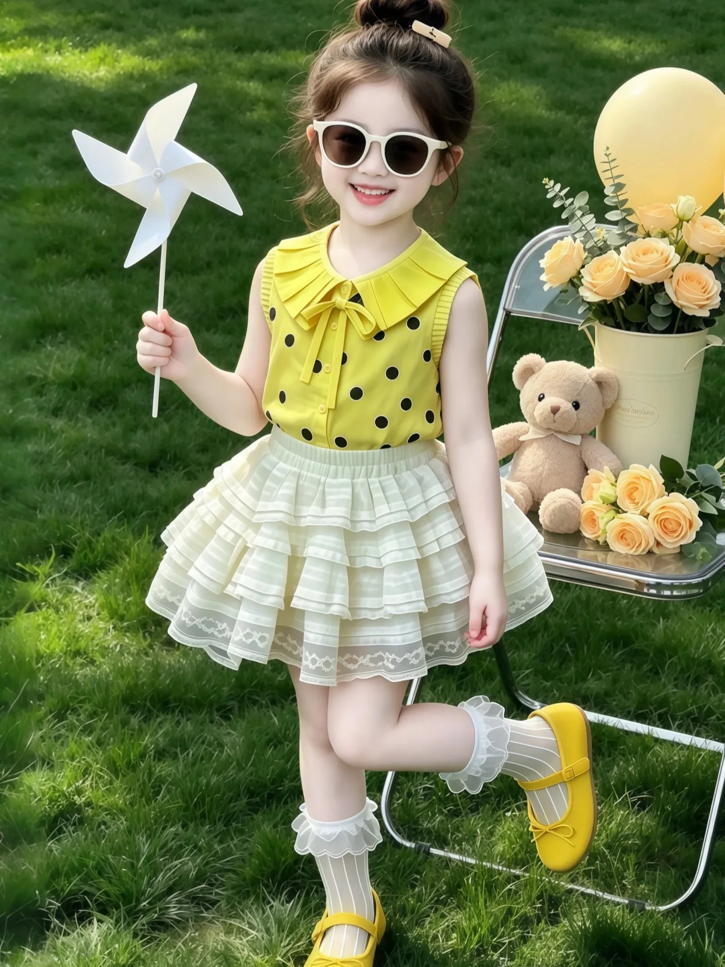 high-quality-summer-outfit-for-girls-cute-polka-dot-princess-skirt-and-top-set-white-enhancing-cake-skirt-two-piece-set