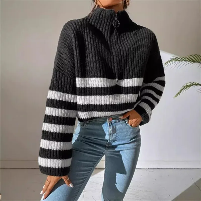 Pull ample à manches longues évasées pour femme, rayé, fermeture éclair, col montant, tricot, épais et chaud, Vintage, automne hiver 2025